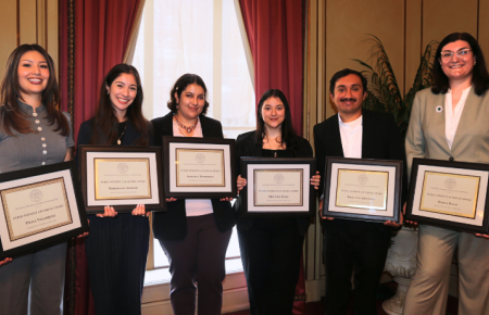 2026 Public Service Program Graduating Student Award Recipients holding their award certificates: Paola Velazquez, Esperanza Alonso, Isabella Zemshman, Melinda Rivas, Emiliano Arellano, and Olivia Dilas